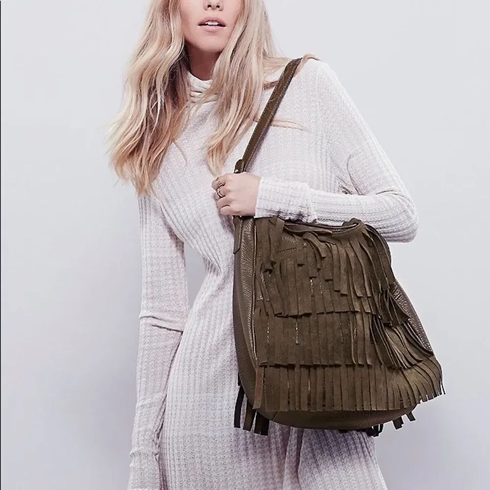 Free People Ashbury Fringe Vegan Leather Olive Green Tote.